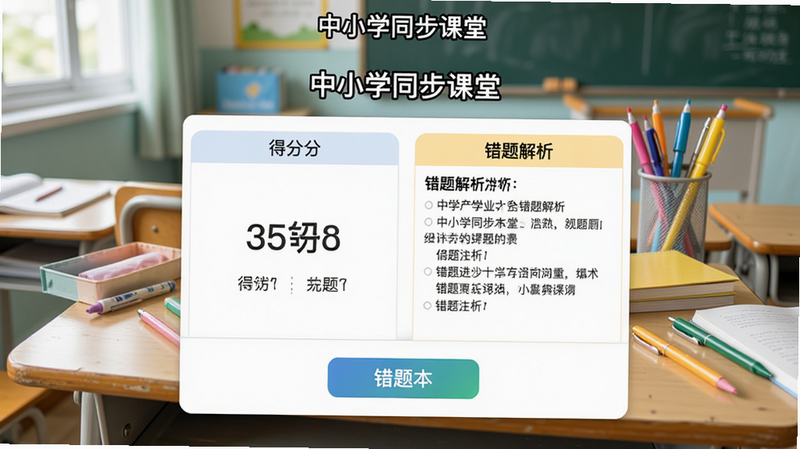 一张中小学同步课堂的练习完成界面,显示得分和错题解析,下方有错题本按钮,背景为课桌和文具,整体风格写实,色彩明亮,布局合理,画质干净,无多余元素,图片中文字标注“中小学同步课堂”