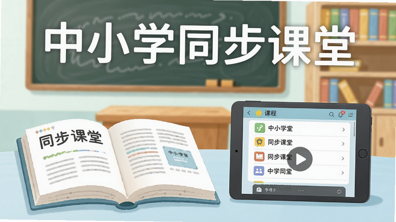 一幅明亮的教学场景插画,前景是一本打开的中小学同步课堂课本与平板电脑,屏幕中显示课程列表和播放按钮,背景是黑板和书架,整体风格清新卡通,布局简洁,色彩柔和,画质干净,无多余元素,图片中文字标注“中小学同步课堂”