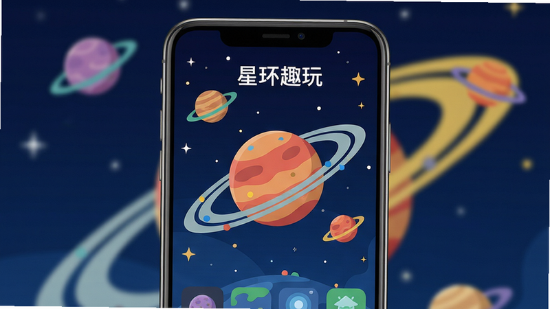 画面中心展示一款名为“星环趣玩”的安卓手机应用界面,手机屏幕上有彩色星球与环形轨道元素,背景为深蓝色星空,布局简洁现代,风格扁平化,细节丰富,画质高清干净,无多余元素