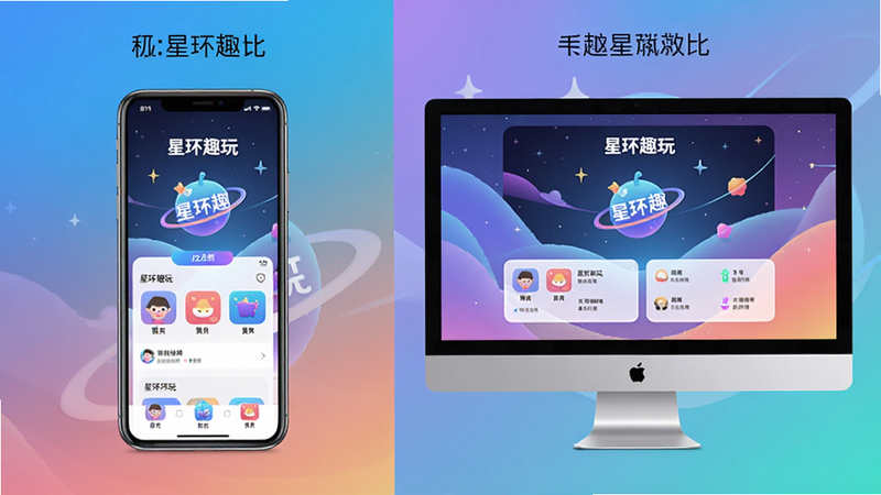 展示“星环趣玩”在手机与电脑模拟器上运行的对比图,左半部分为手机屏幕显示应用主界面,右半部分为电脑显示器显示同样界面,背景为渐变色,布局对称,风格科技感,细节清晰,画质干净无多余元素