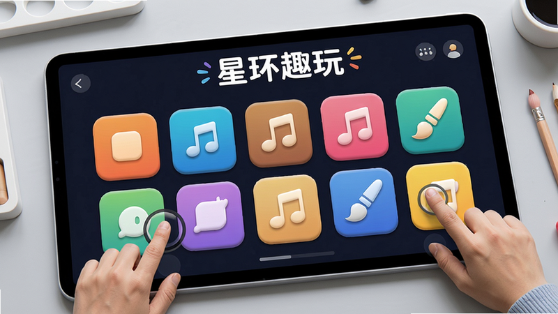 展示“星环趣玩”的创意互动工坊界面,屏幕上排列着彩色方块、音符和画笔图标,用户手指轻触拖拽,背景为浅灰色工作台,布局清晰,风格活泼,细节精致,画质干净无杂物