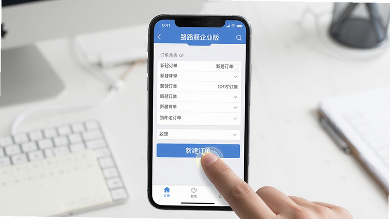 主体:一部手机显示“路路顺企业版”操作界面,手指正在点击“新建订单”按钮。布局:手机居中,背景为简洁的桌面。排版:界面清晰显示订单表单。风格:接近真实应用截图风格。细节:手指点击位置有轻微高光。画质:高清,干净,无多余元素。