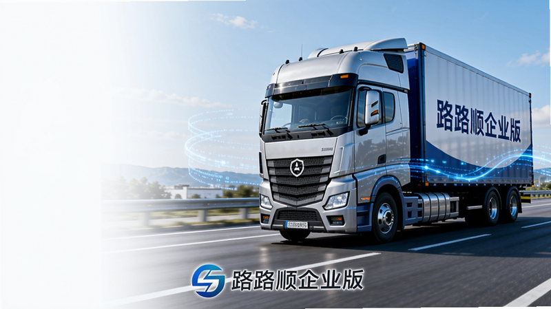 主体:一辆现代化的物流卡车行驶在高速公路上,车厢侧面印有“路路顺企业版”字样。布局:卡车位于画面中央偏右,左侧留白用于放置文字。排版:画面下方有简洁的“路路顺企业版”品牌字标。风格:写实风格,色彩明亮,科技感与现代感结合。细节:卡车周围有微弱的蓝色数据流线条环绕,象征数字化管理。画质:高清,干净,无多余元素。