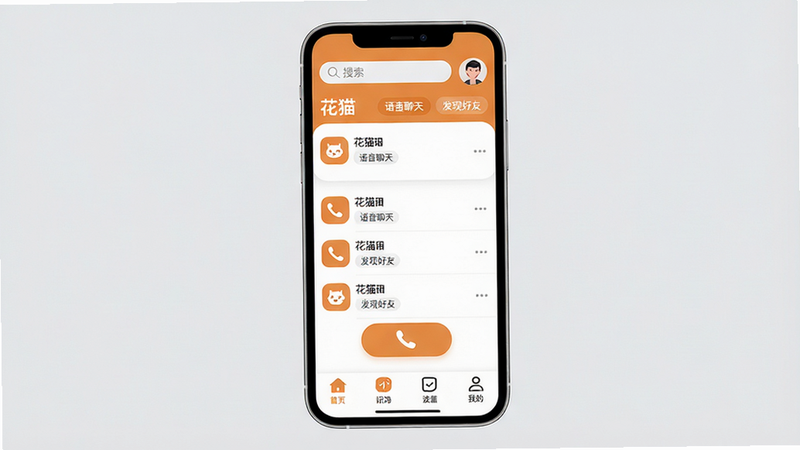 ���壺��èAPP����չʾ���ֻ���Ļ����ʾ��è�����棬���������б�������ͨ����ť�͵ײ������������֣��ֻ����У�����Ԫ�������ɼ����Ϸ�Ϊ���������û�ͷ���м�Ϊ��Ϣ�б����·�Ϊ�ĸ�����ͼ�ꣻ�Ű棺������ˣ�ͼ��Բ��ɫ�ʴ�����ů��ɫ�Ͱ�ɫΪ��������ִ���ƽ����ƣ����ÿɰ��������罻Ӧ�����ʣ�ϸ�ڣ���Ļ����ʾ����è�������͡��������족�������ֺ��ѡ��ȱ�ǩ������Ϊ����ɫ��ͻ���ֻ����壻���ʣ����壬�ɾ����޶���Ԫ�ء�