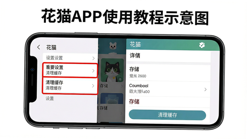 ���壺��èAPPʹ�ý̳�ʾ��ͼ���ֻ���Ļ��ʾ���ý���͡��洢��ѡ����֣��ֻ����У���Ļ���Ϊ���ò˵����Ҳ�Ϊ�洢���飻�Ű棺����ֱ�ۣ���Ҫѡ���ú�ɫ��������񣺽�ѧ��񣬼�����ˣ�ϸ�ڣ���Ļ���С���è�������͡��������桱��ť������Ϊ����ɫ�����ʣ����壬�ɾ����޶���Ԫ�ء�