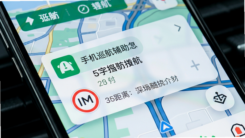 手机屏幕特写,显示巡航播报卡片,包含道路名称、限速标志和距离提示,卡片设计简洁,背景为动态地图,整体风格现代科技感,突出“手机巡航辅助导航”的界面细节,画质干净