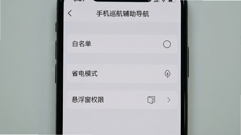 手机屏幕显示“手机巡航辅助导航”的设置页面,包含“白名单”、“省电模式”、“悬浮窗权限”等选项,界面简洁清晰,背景为浅灰色,突出设置项,画质干净