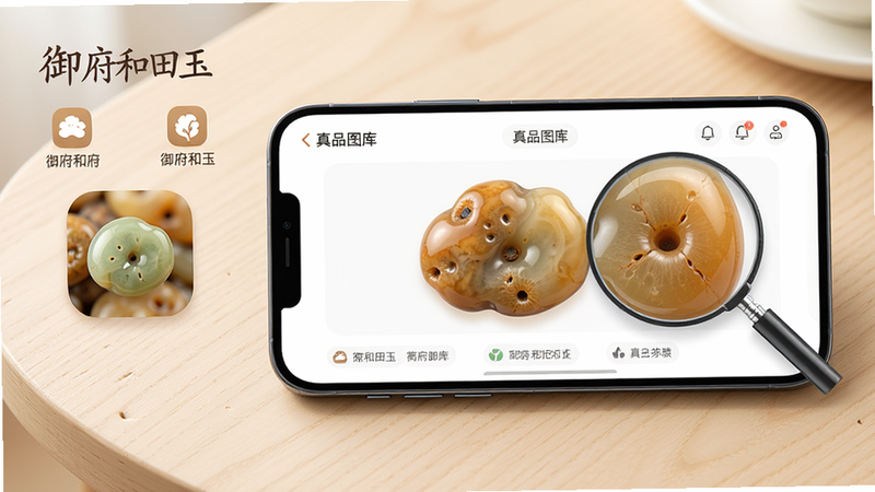 ���壺�����ֻ�����չʾ������������Ӧ���е���Ʒͼ����棬��Ļ����ʾһ���Ƥɫ�ĺ��������ϣ��Ա��зŴ󾵲鿴ϸ�ڡ����֣��ֻ�λ�ڻ�������ƫ�ң����ΪӦ��������ͼ�꣬����Ϊǳɫľ�����档�Ű棺��Ļ����������ͼƬ�·��в������֡������ҵ��Ʒ��Ӱ��������ͣ�ͻ����ʯ�����ʸС�ϸ�ڣ�Ƥɫ��Ȼ��ë����������Ļ��UIͼ��Բ�󡣻��ʣ����壬�ɾ����޶���Ԫ�ء�