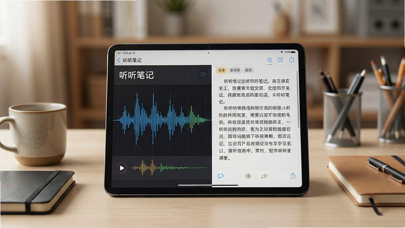 主体:一个整洁的办公桌场景,桌面上有一台平板电脑,屏幕显示“听听笔记”APP,左侧是录音波形,右侧是同步生成的文字段落。布局:平板电脑居中,桌面有咖啡杯和笔记本作为点缀,画面平衡。排版:采用平视视角,主体突出,背景虚化。风格:写实摄影风格,光线柔和,色调温暖。细节:屏幕上的文字清晰,录音波形动态显示,桌面物品摆放有序。画质:高清细腻,干净,无多余元素。