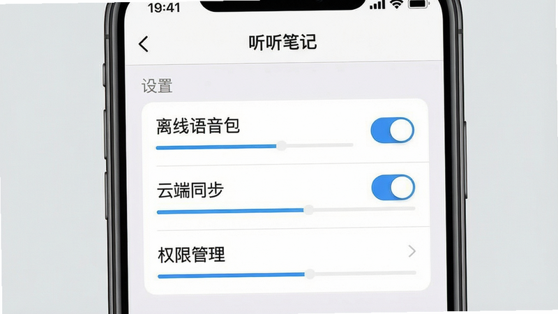 主体:手机屏幕特写,显示“听听笔记”APP的设置页面,有“离线语音包”、“云端同步”、“权限管理”等选项。布局:手机屏幕居中,背景为浅灰色,屏幕内容清晰。排版:采用中心构图,屏幕内容为视觉焦点。风格:简洁的UI设计风格,界面元素排列整齐。细节:设置项文字清晰,有开关按钮和进度条。画质:高清,干净,无多余元素。