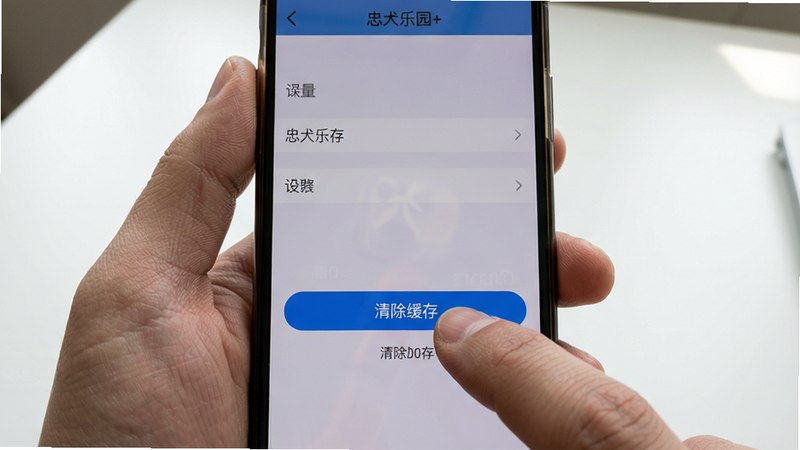 主体:一只手拿着智能手机,屏幕显示“忠犬乐园+”设置界面,界面上有“清除缓存”按钮被高亮。布局:手机居中,手指点击按钮,背景为干净的桌面。排版:屏幕内容清晰可辨,按钮为蓝色高亮。风格:写实摄影风,光线自然。细节:手指有指纹纹理,屏幕有轻微反光,按钮文字清晰。画质:高清,干净,无多余元素。