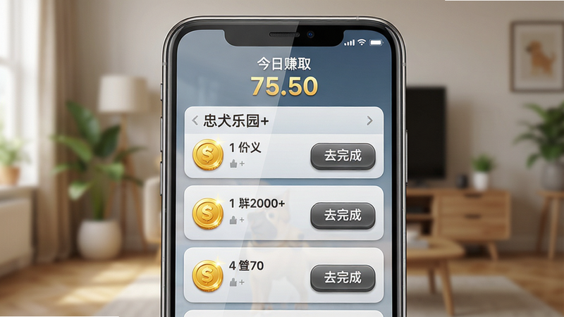 主体:一部智能手机屏幕特写,屏幕上是“忠犬乐园+”的任务列表界面,每个任务旁都有金币图标和“去完成”按钮。布局:手机居中,屏幕内容清晰可见,背景为模糊的室内环境。排版:任务列表从上到下依次排列,顶部有“今日赚取”数字。风格:拟物写实风,界面UI精致,按钮有立体感。细节:手机边框有金属质感,屏幕反光自然,金币图标有光泽。画质:高清,干净,无多余元素。