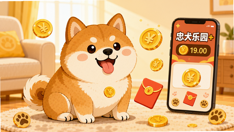 主体:一只圆滚滚的柴犬坐在明亮的客厅地板上,面前漂浮着金色金币和红包图标,柴犬咧嘴吐舌,表情开心。布局:柴犬居中偏左,右侧放置手机屏幕界面,屏幕上显示“忠犬乐园+”字样和金币数字。排版:四周留白,下方点缀狗爪印和金币小元素。风格:扁平卡通插画,色彩明快,暖黄色调。细节:柴犬毛发蓬松有光泽,金币上有“¥”符号,背景有柔和光影。画质:高清,干净,无多余元素。