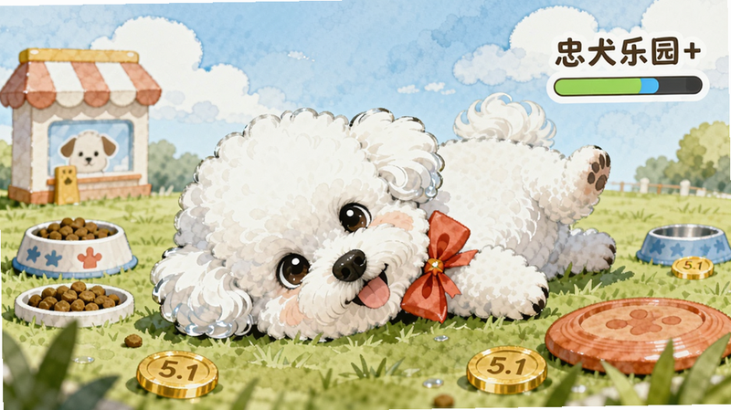 主体:一只戴红色蝴蝶结的白色比熊犬正在草地上打滚,周围散落着狗粮碗、飞盘和金币。布局:比熊犬居中,左侧有宠物商店图标,右侧显示“忠犬乐园+”升级进度条。排版:画面分三层,前景草地、中景狗狗、背景蓝天白云。风格:清新手绘风,水彩质感,色彩柔和。细节:狗狗眼神水润,毛流清晰,金币上刻有“5.1”字样。画质:高清,干净,无多余元素。