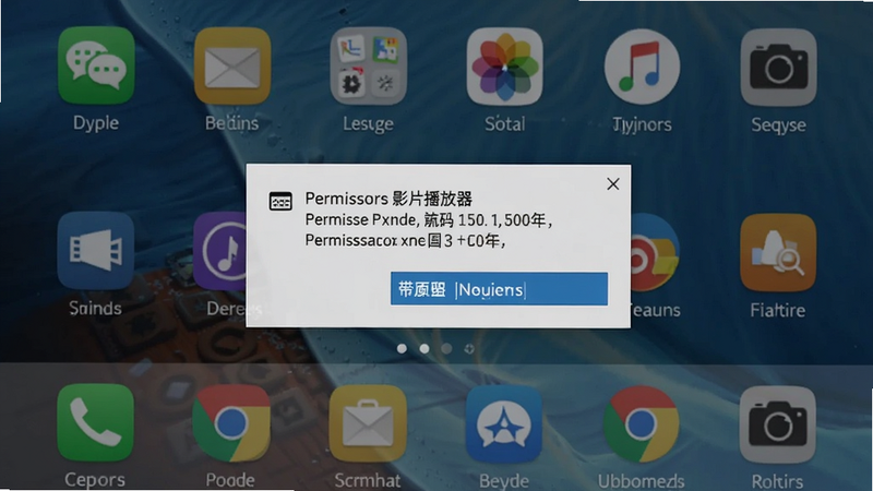 无码免费影片播放器安装界面,显示权限请求弹窗,背景为手机桌面,界面清晰,风格写实,无多余元素