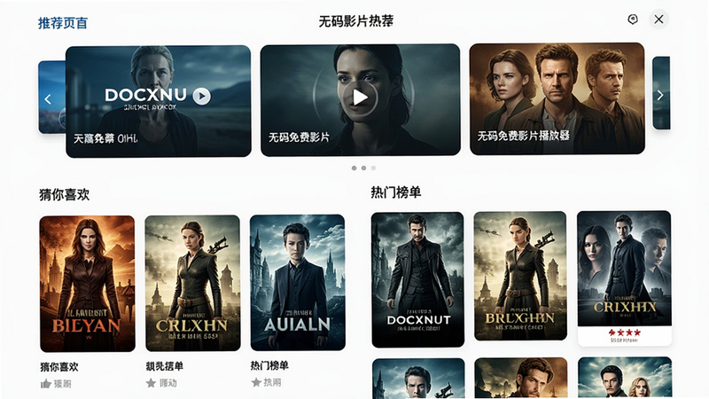 无码免费影片播放器首页推荐页面,顶部有轮播图,下方是“猜你喜欢”和“热门榜单”模块,每个模块展示多部影片海报,布局美观,色彩协调,风格清新,无多余元素