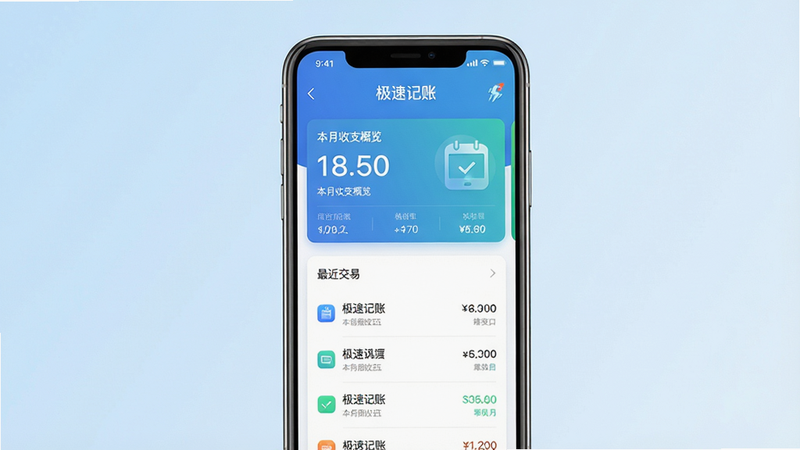 主体:极速记账APP界面展示,手机屏幕显示简洁的记账首页,上方是本月收支概览,下方是最近交易列表。布局:手机居中,背景为淡蓝色渐变,界面元素清晰可见。排版:采用现代扁平化设计,卡片式布局,信息层次分明。风格:科技感与简约风结合,色彩清新明快。细节:屏幕上显示“极速记账”字样,数字清晰,图标精致。画质:高清渲染,干净无多余元素。
