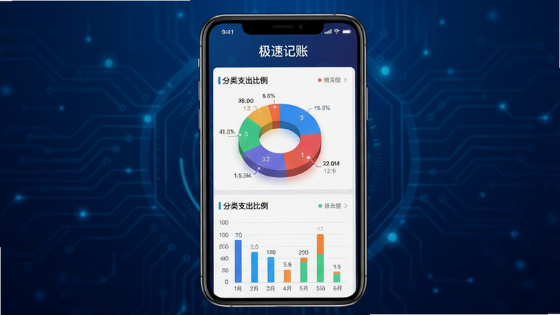 主体:极速记账APP的统计报表界面,屏幕显示饼状图和柱状图,展示分类支出比例。布局:手机居中,背景为深蓝色科技感渐变,图表颜色鲜艳。排版:图表布局合理,数据标签清晰。风格:专业财务管理风格,视觉层次丰富。细节:屏幕顶部有“极速记账”字样,图表数据具体。画质:高清渲染,干净无多余元素。
