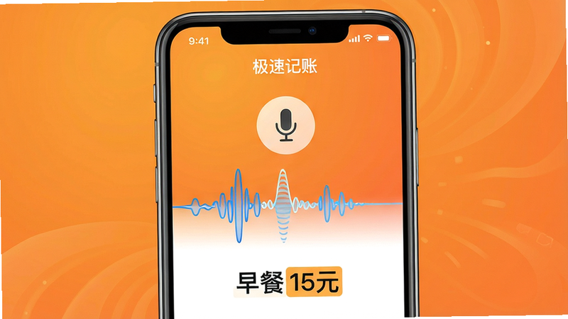 主体:极速记账APP的语音记账功能界面,手机屏幕显示麦克风图标和语音波形,下方有“早餐 15元”的文字识别结果。布局:手机居中,背景为温暖的橙色渐变,界面简洁。排版:语音波形动态展示,识别文字清晰。风格:活泼且智能,体现AI技术。细节:屏幕上有“极速记账”字样,识别结果高亮显示。画质:高清,干净无多余元素。