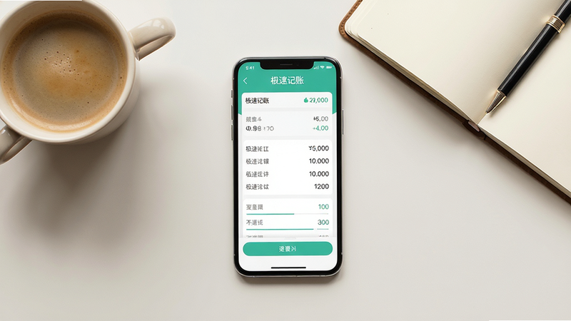 主体:极速记账APP的用户使用场景,手机放在桌面上,旁边有咖啡和笔记本,屏幕上显示记账界面。布局:俯拍视角,手机居中,周围陈设简洁。排版:画面平衡,手机屏幕内容清晰。风格:生活化,温馨舒适。细节:屏幕上有“极速记账”字样,数据清晰可见。画质:高清,干净无多余元素。