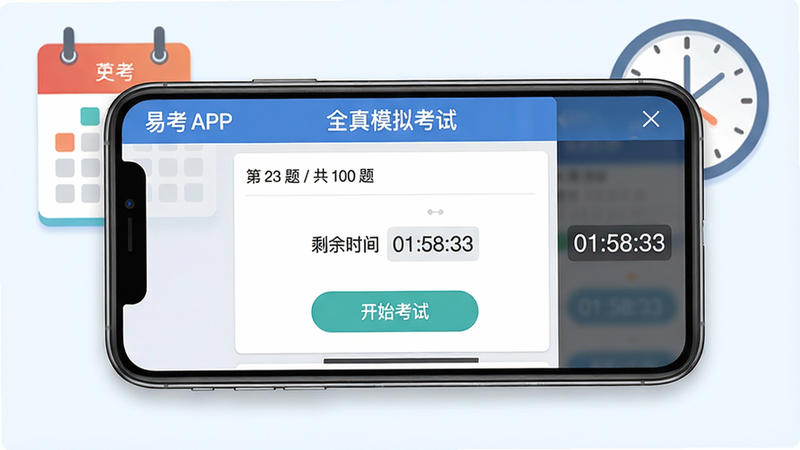 ���壺�׿�APPȫ��ģ�⿼�Խ��棬�ֻ�������ʾ���⿨�͵���ʱ�����֣��ֻ����У�������������ʱ��ͼ�ꡣ�Ű棺ģ�⿼�Խ����������С���ʼ���ԡ���ť�����дʵ����ϲ廭��ϸ�ڣ���Ļ����ʾ���� 23 �� / �� 100 �⡱�͡�ʣ��ʱ�� 01:58:33�������ʣ����壬�ɾ����޶���Ԫ�ء�