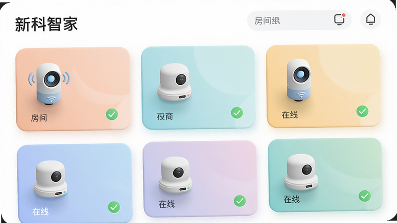新科智家app设备列表页面,展示多个房间的智能设备图标和在线状态,界面采用卡片式布局,色彩柔和,图标立体,背景干净,高质量渲染