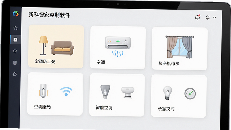 新科智家智能家居控制软件主界面预览图,展示客厅灯光、空调、窗帘等设备卡片布局,现代简约风格,浅色背景,图标清晰,排版整齐,画质干净,无多余元素