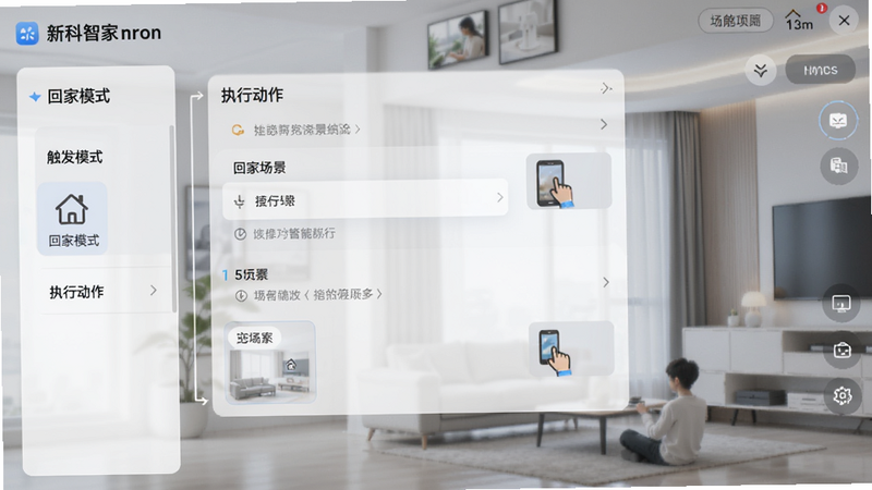 新科智家智能场景编辑界面,展示“回家模式”的触发条件和执行动作列表,界面简洁,逻辑清晰,配图风格明亮,科技感强