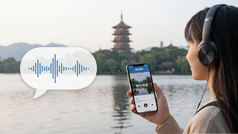 主体:美丽西湖App语音导览功能使用场景图。布局:前景为一位游客手持手机戴着耳机站在西湖边,背景为雷峰塔与湖面。排版:人物位于画面右侧三分之一处,左侧留白显示气泡式语音波形图案。风格:写实摄影风格,光线自然柔和。细节:手机屏幕上显示“美丽西湖”播放界面,带有“断桥残雪”标题和播放进度条。画质:高清,干净,无多余元素。