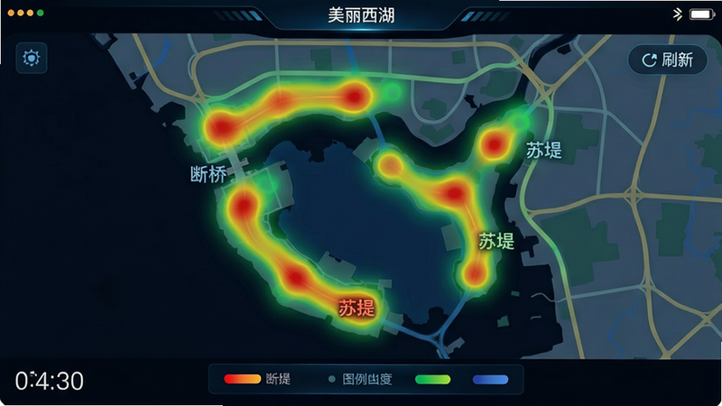 主体:美丽西湖App实时流量热力图界面。布局:中央为西湖地图,以红黄绿三色标注不同区域人流量,底部为图例说明。排版:地图占屏幕大部分,右上角有“刷新”按钮,左下角显示当前时间。风格:科技感UI设计,深色背景配合发光色块。细节:地图上标注“断桥”、“苏堤”等关键地名,顶部状态栏显示“美丽西湖”字样。画质:清晰,干净,无多余元素。