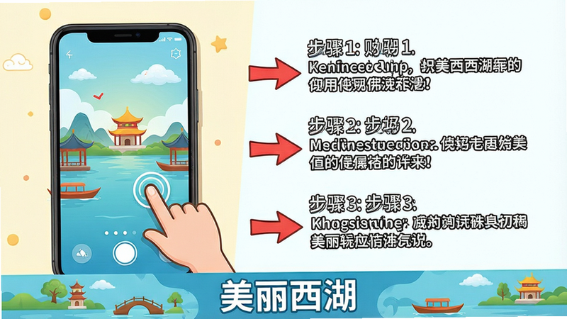 主体:美丽西湖App使用教程插图。布局:左侧为手机操作演示,右侧为文字步骤说明(步骤1-3)。排版:分栏式设计,底部有“美丽西湖”横幅。风格:卡通科普插画,色彩活泼。细节:手机屏幕上有手指点击动作,文字说明使用红色箭头指向。画质:高清,干净,无多余元素。