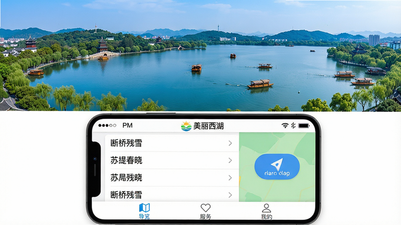 主体:美丽西湖App界面风格预览图,展示西湖全景地图与景点列表。布局:上方为西湖实景摄影图,下方为手机界面截图,左侧列出“断桥残雪”、“苏堤春晓”等景点名称,右侧显示导航按钮。排版:居中构图,界面简洁清晰,文字标签使用黑色雅黑字体。风格:现代扁平化设计,色彩清新淡雅,以湖蓝与浅绿为主色调。细节:手机界面中标注“美丽西湖”Logo,底部有“导览”、“服务”、“我的”三个菜单图标。画质:高清渲染,干净,无多余元素。