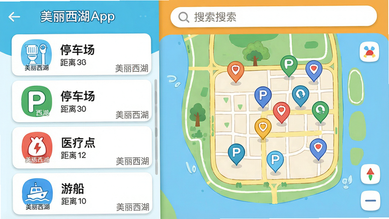 主体:美丽西湖App便民服务功能界面。布局:左侧为功能图标列表(厕所、停车场、医疗点、游船),右侧为对应的地图标记点。排版:上下滑动式卡片设计,每张卡片包含图标、名称、距离。风格:清新卡通风格,色彩明亮。细节:图标下方有“美丽西湖”水印,顶部搜索栏突出显示。画质:干净,无多余元素。