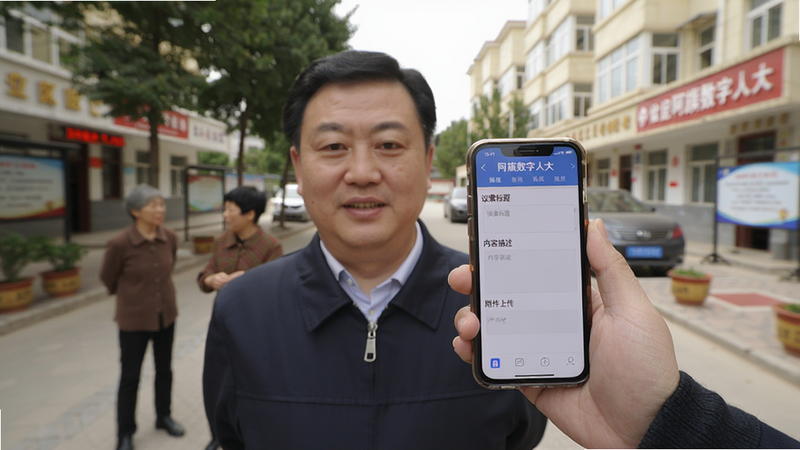 画面主体为一位人大代表手持手机正在拍照记录问题,手机屏幕显示“阿旗数字人大”提交界面,包含“议案标题”、“内容描述”、“附件上传”等字段,背景是社区街道调研场景,人物动作自然,界面UI清晰可辨,平铺式布局,写实风格,画质干净,无多余元素