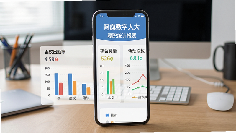 画面主体为手机屏幕展示“阿旗数字人大”履职统计报表页面,包含柱状图和折线图,显示“会议出勤率”、“建议数量”、“活动次数”等数据,背景为办公桌面,图表色彩鲜明,界面清爽,排版整齐,扁平化设计风格,画质干净,无多余元素