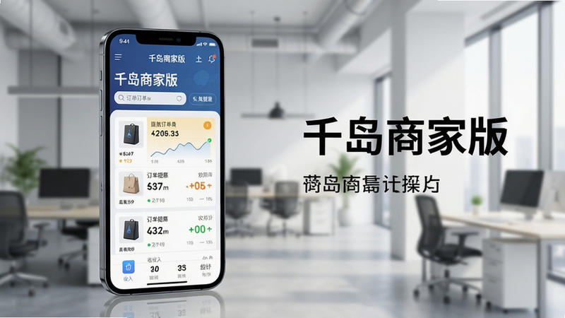 主体:一部智能手机屏幕展示千岛商家版主界面,背景是模糊的现代办公室环境,屏幕中清晰显示“千岛商家版”字样和店铺订单数据图表,布局:手机居中偏左,右侧留白放置文字说明,排版:简洁商务风,主次分明,风格:写实科技感,细节:屏幕界面有商品列表、订单提醒、收入统计等图标,画质:高清,干净,无多余元素