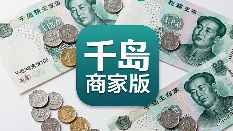 主体:千岛商家版应用图标和几张人民币纸币、硬币放在一起,布局:图标居中,钱币围绕四周,排版:简洁明快,风格:商业摄影,细节:图标上有“千岛商家版”字样,纸币清晰,画质:高清,干净,无多余元素