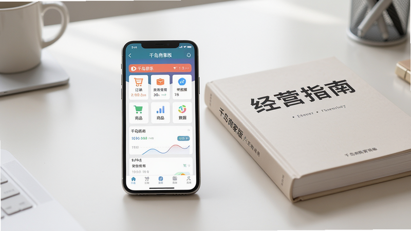 主体:一部手机和一本书并排放在桌面上,手机屏幕显示千岛商家版操作界面,书本上写着“经营指南”字样,布局:手机和书居中,背景是柔和的办公桌,排版:简洁明快,风格:写实摄影,细节:手机界面有订单、商品、数据等图标,书本封面有“千岛商家版”文字,画质:高清,干净,无多余元素