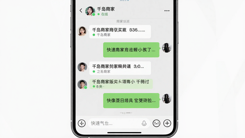 主体:千岛商家版聊天界面,展示商家与买家的对话气泡,布局:对话列表居中,顶部有买家昵称和在线状态,排版:类似微信聊天界面,风格:简洁明亮,细节:底部有输入框和快捷回复按钮,画质:清晰,干净,无多余元素