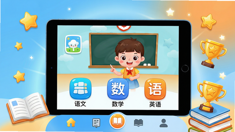 �����ѧ��һ��רΪ��Сѧ����Ƶ����߽���APP���������������õ���ɫ�ͳ�ɫΪ��ɫ����������չʾ���ġ���ѧ��Ӣ�����ź��Ŀγ�ͼ�꣬������һ�����ڲ��Ŷ����γ̵Ĵ���ƽ����ԣ����ܵ�׺���ǡ��鱾��������Ԫ�أ�������ͨ�ɰ�������ͯȤ������������ͼ���������룬��������͵Ľ����Ч��ϸ�ڰ�����Ļ�ϵĿγ̻���͵ײ��������������������ɾ����޶���Ԫ�ء�