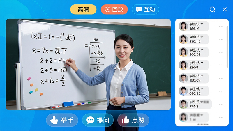 �����ѧAPP����ֱ�����ý��棬��������ʦ�ڿε�ֱ�����棬��ʦ���ڰװ��Ͻ�����ѧ�⣬�����Ϸ��С����塱���طš�����������ť���Ҳ���ѧ�������б����ײ��С����֡������ʡ������ޡ�ͼ�꣬�������Ƽ���ǿ��ɫ�����������������������������ɾ����޶���Ԫ�ء�
