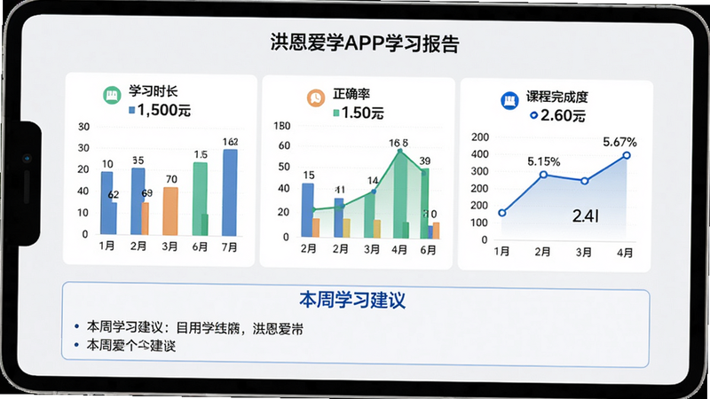 �����ѧAPPѧϰ����ҳ�棬������ͼ����ʽչʾѧϰʱ������ȷ�ʡ��γ���ɶȣ�ͼ��Ϊ��ɫ��״ͼ������ͼ���·��С�����ѧϰ���顱���ֿ򣬱���Ϊǳ��ɫ��������������ɫ������ɫΪ���������������ɾ����޶���Ԫ�ء�