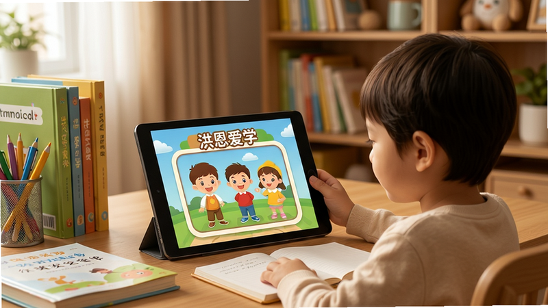 �����ѧAPPʹ��ָ�ϲ�ͼ��һλ�ҳ��ͺ���һ����ƽ������Ϲۿ��γ̣�ƽ����Ļ��ʾ�����ѧ�γ̻��棬��Χ�ڷ��ſα����ľߣ���������ܰ�ļ�ͥ�鷿��������дʵ��ů����ͼ���У������������ɾ����޶���Ԫ�ء�