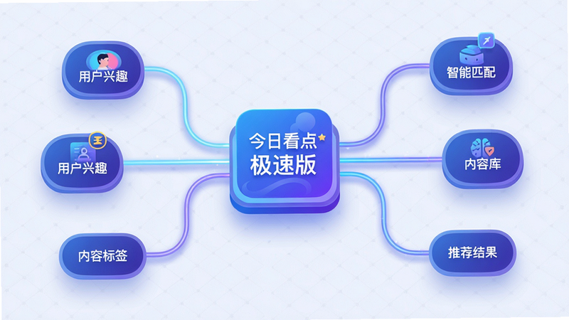 主体:一个简洁的推荐算法流程图,以“今日看点极速版”Logo为中心,四周连接着用户画像、内容库、推荐结果等节点。布局:流程图水平排列,中心Logo突出,节点之间用发光的线条连接。排版:节点上标注“用户兴趣”、“内容标签”、“智能匹配”等关键词。风格:科技感插画,蓝紫色调,线条流畅。细节:背景有微弱的网格纹理,整体干净利落。画质:4K高清,无多余装饰。