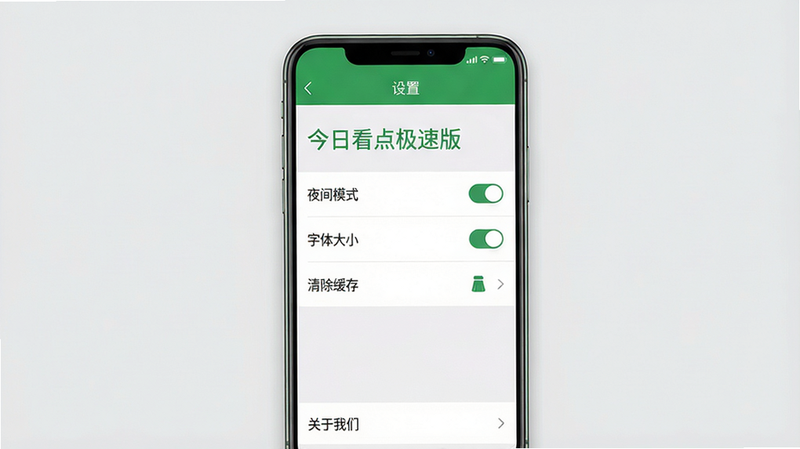 主体:一部智能手机显示“今日看点极速版”的设置页面,上面有“夜间模式”、“字体大小”、“清除缓存”等选项。布局:手机居中,屏幕内容清晰,背景为浅灰色。排版:设置项用列表形式展示,每个选项旁边有开关或箭头。风格:简洁UI设计,绿色主色调。细节:屏幕顶部有“设置”标题,底部有“关于我们”选项。画质:高清,界面干净。