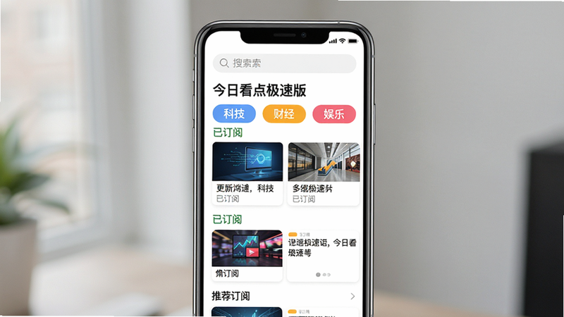 主体:一部手机屏幕展示“今日看点极速版”的订阅页面,上面有“科技”、“财经”、“娱乐”等订阅标签,每个标签下有几篇文章卡片。布局:手机居中,屏幕上方是搜索栏,下方是订阅列表。排版:订阅标签用彩色圆角矩形表示,文章卡片有缩略图和标题。风格:简洁UI设计,白色背景,彩色点缀。细节:屏幕上有“已订阅”和“推荐订阅”区域。画质:高清水准,UI元素清晰。