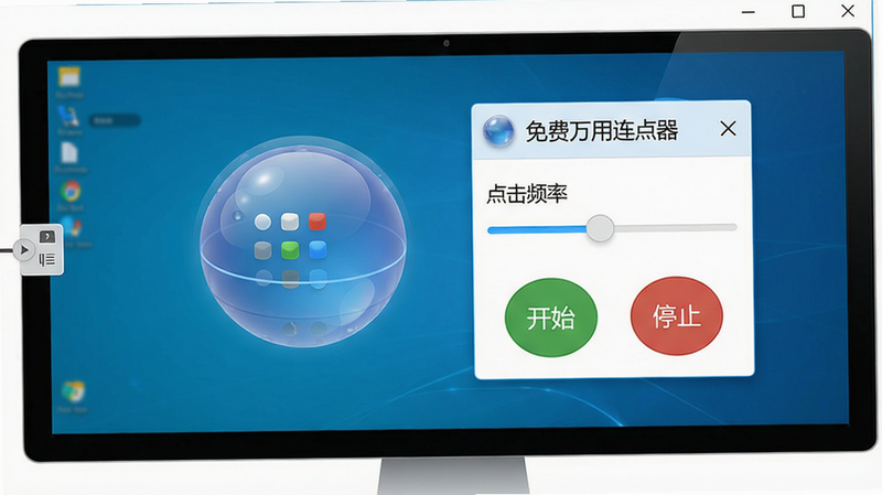 展示免费万用连点器悬浮球拖拽到屏幕边缘的界面,主体为悬浮球和控制面板展开状态,布局清晰,排版整洁,风格简约,细节包括点击频率调节滑块和开始/停止按钮,画质高清,干净无多余元素,文字标注“免费万用连点器”