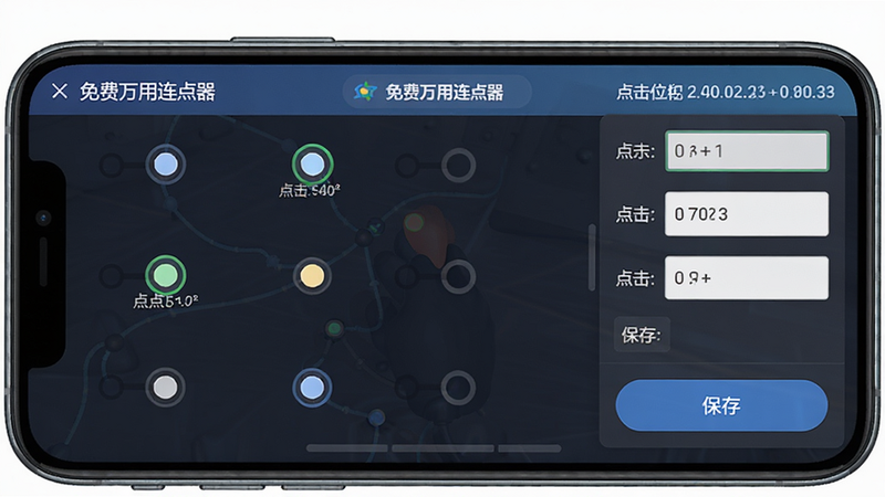 展示免费万用连点器自定义点击位置的设置界面,主体为手机屏幕上的多个点击标记点和编辑面板,布局规整,排版清晰,风格现代,细节包括点击坐标输入框和保存按钮,画质高清,干净无多余元素,文字标注“免费万用连点器”