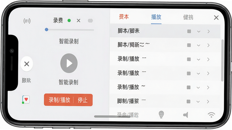 ��������������ű�¼�ƽ��棬�ֻ���Ļ��ʾ¼�ƿ������ͽű��б�������Ϊ��Լǳɫ���棬�С�¼��/����/ֹͣ����ť�����ֱ�ע������¼�ơ�������ƽ�������ֹ��������ʸɾ����޶���Ԫ��