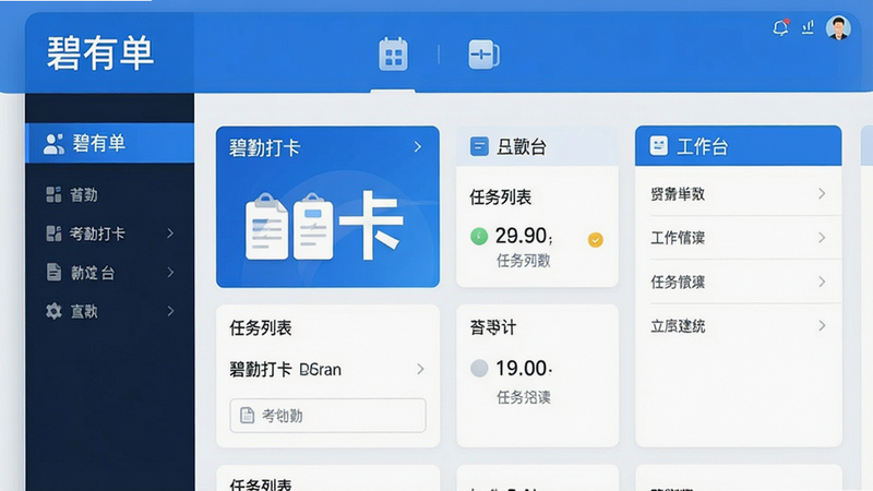 一张展示碧有单软件主界面的高清截图,界面中包含考勤打卡、任务列表、工作台等主要功能模块,整体设计简洁现代,以蓝色为主色调,背景干净,突出APP名称“碧有单”,画质清晰,无多余元素。
